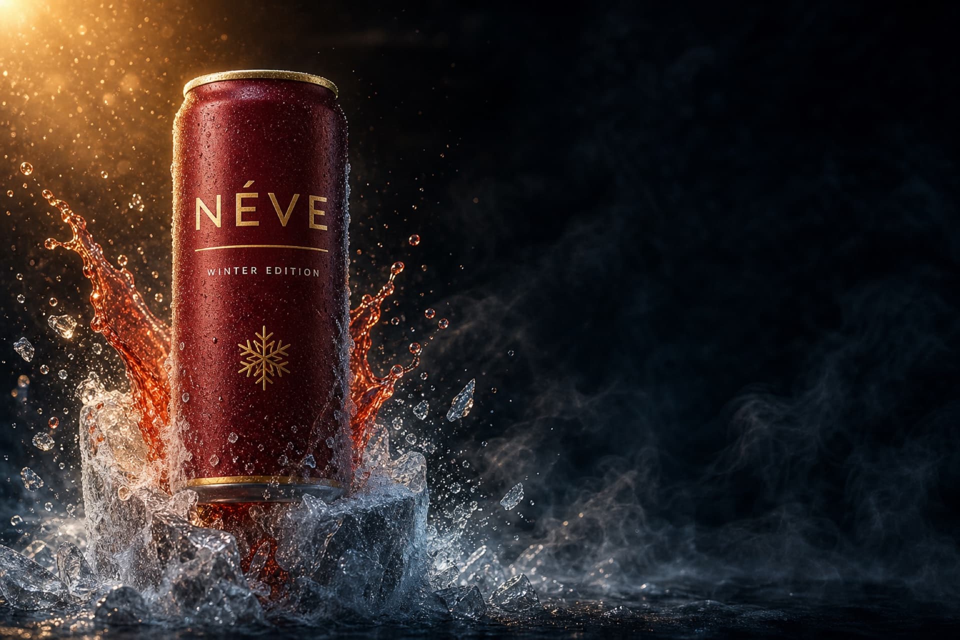 NÉVE Winter Edition can in dramatic light on a dark surface