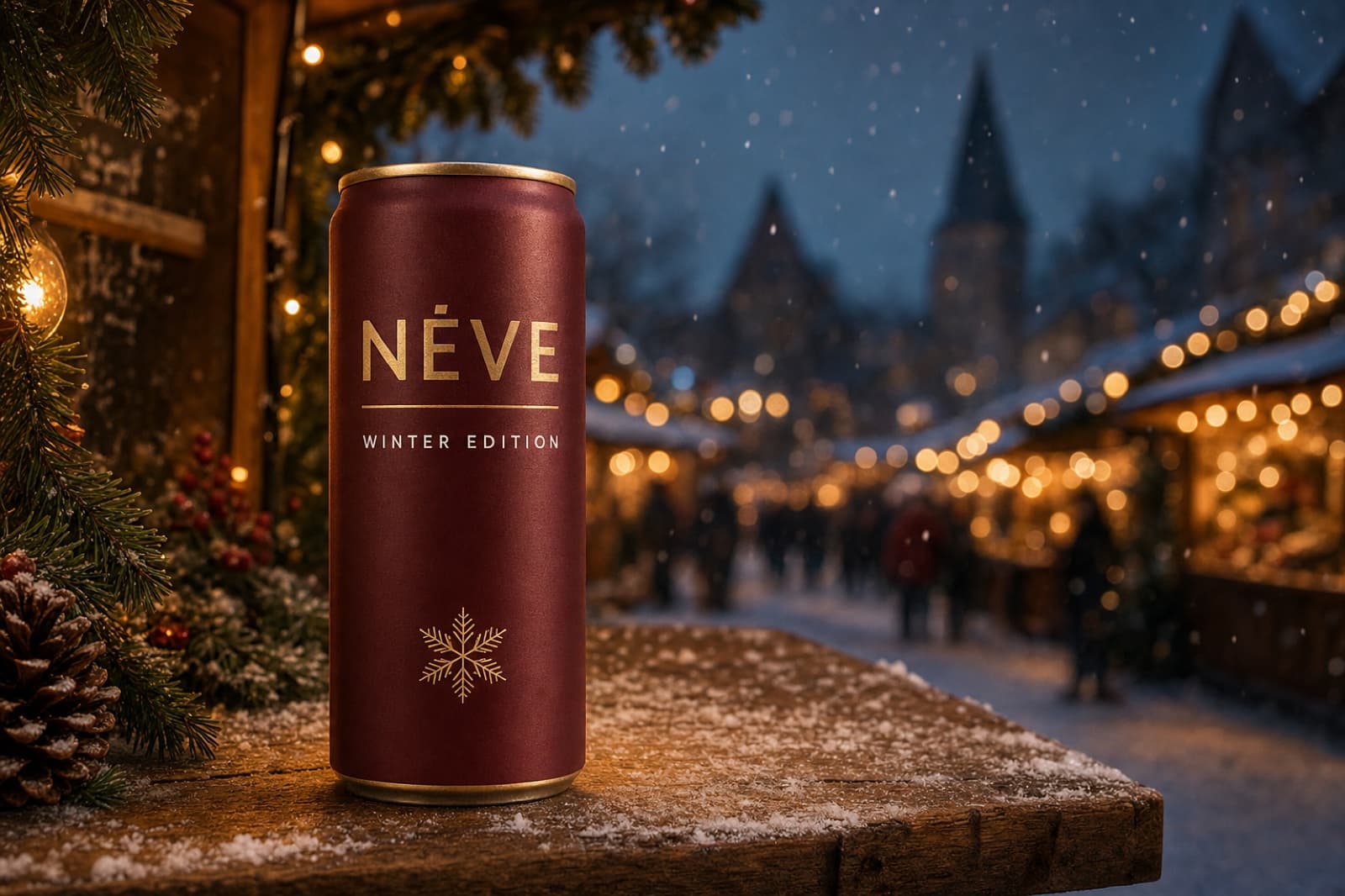Generated Christmas campaign hero: the NÉVE Winter Edition can among snowy fir branches and ornaments